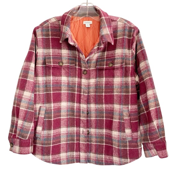 Sundance Shacket/Jacket Woman's Size PS, Burgundy Button Up plaid - Picture 2 of 9